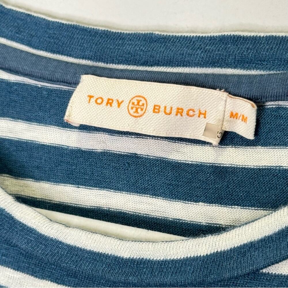 Tory Burch 100% Linen Stripe Minimalist Crew Neck Long‎ Sleeve Shirt Hem Medium - Picture 7 of 11